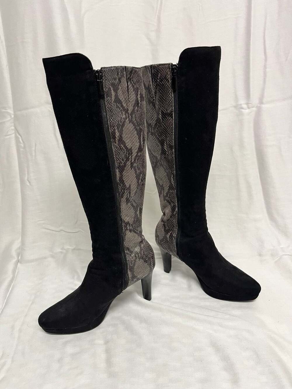 Impo Tawny Black Suede and Snakeskin Knee-High High Heel Boots